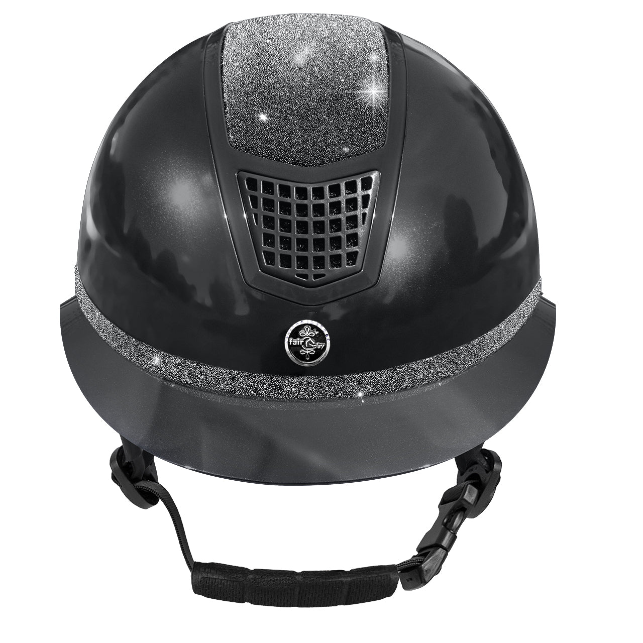 Black riding helmet with glitter accents on a white background