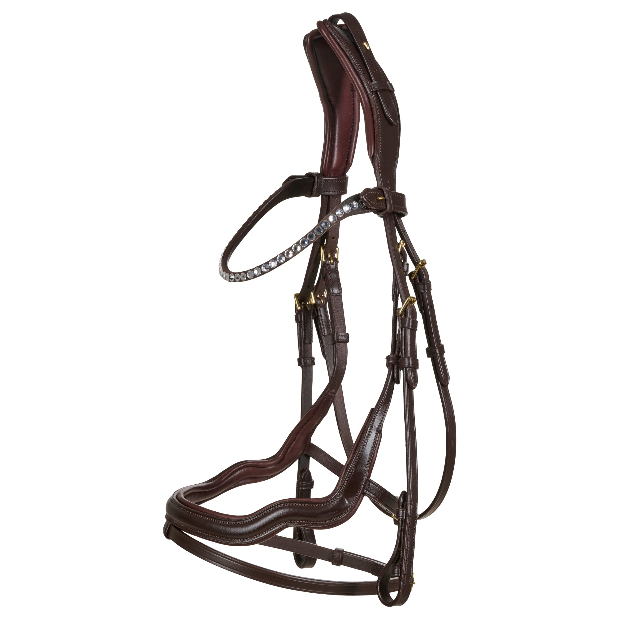 Brown leather horse bridle on a white background