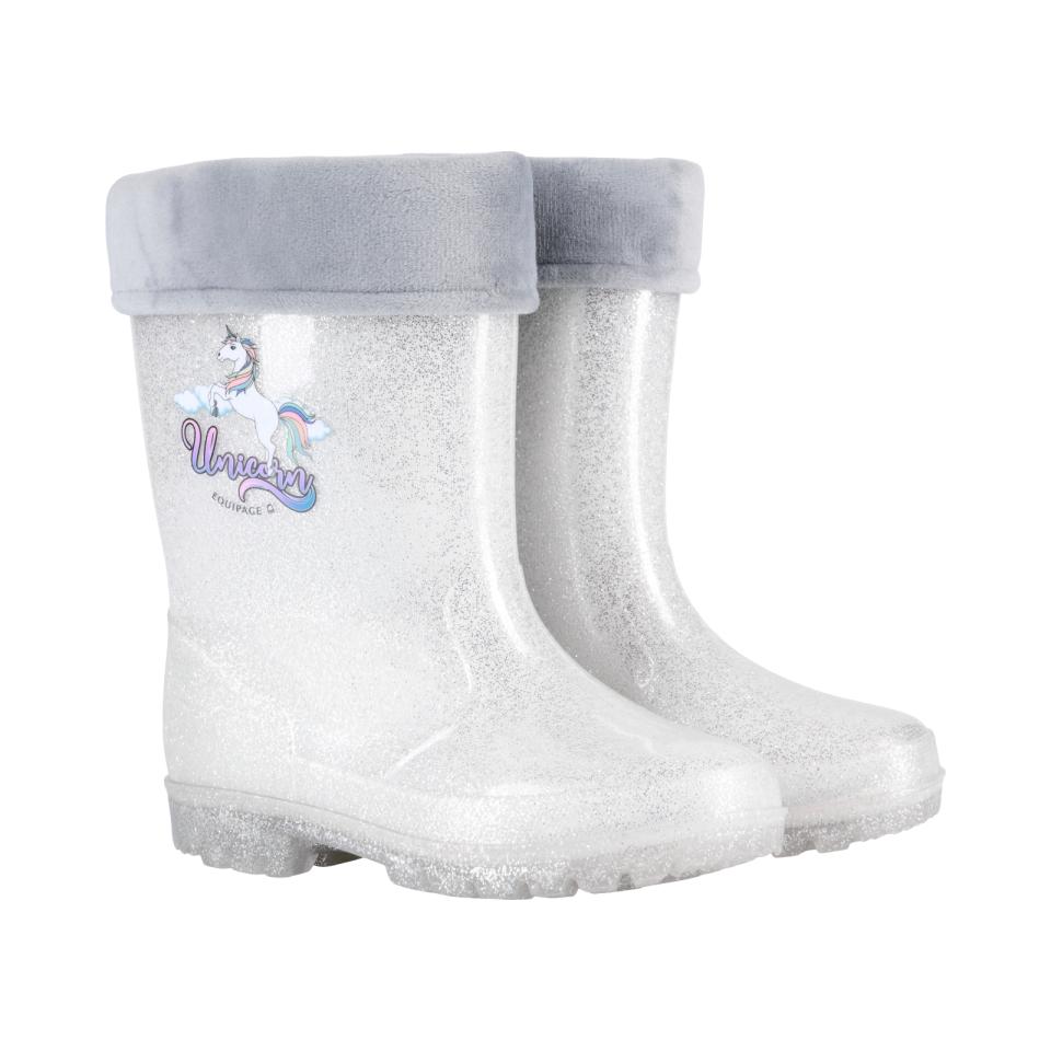 Kids Light Silver Glitter Wellies With Removable Fleece Liner and Unicorn Logo