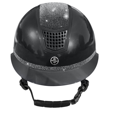 Black riding helmet with glitter accents on a white background