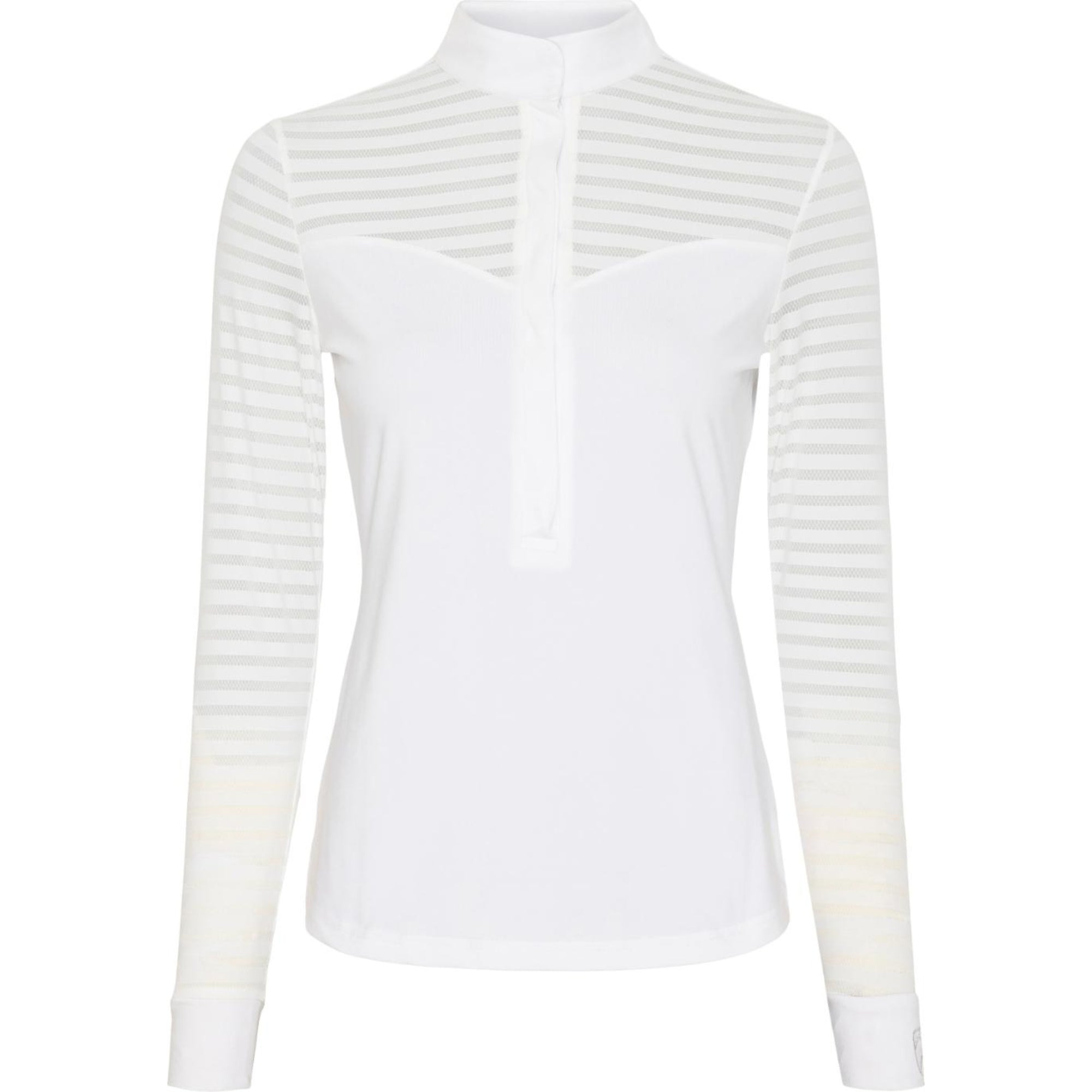 White long-sleeve shirt with thin vertical stripes on a white background