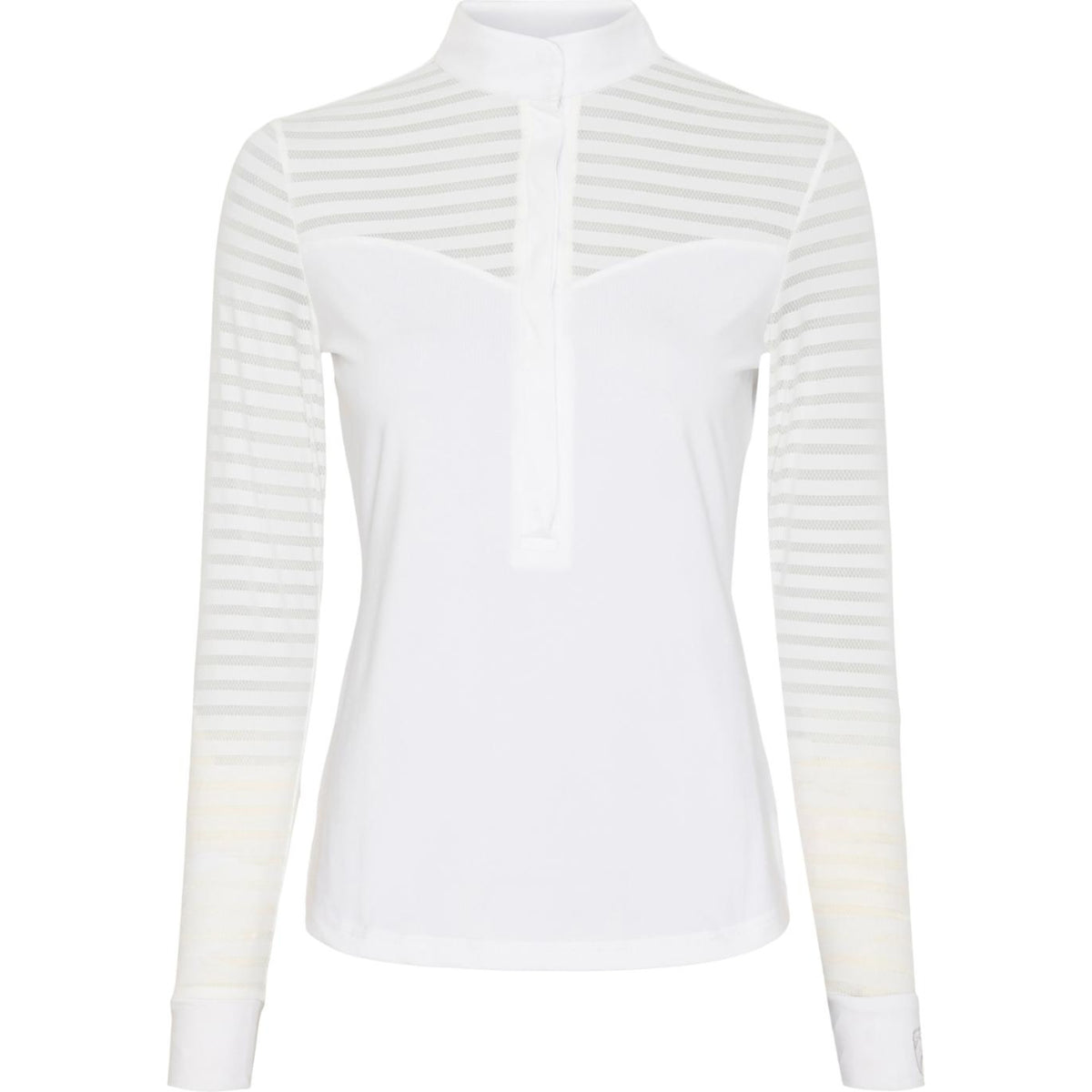 White long-sleeve shirt with thin vertical stripes on a white background