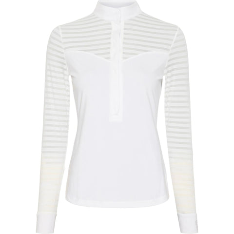 White long-sleeve shirt with thin vertical stripes on a white background