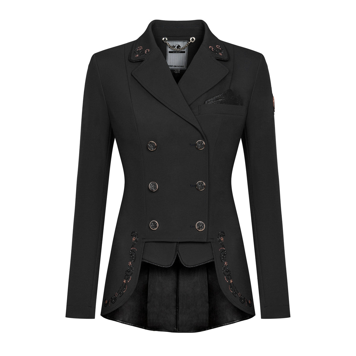 Fairplay_Dressage_Short_Tailcoat_Jacket_Lexim_Chic_Rosegold_Front_Black